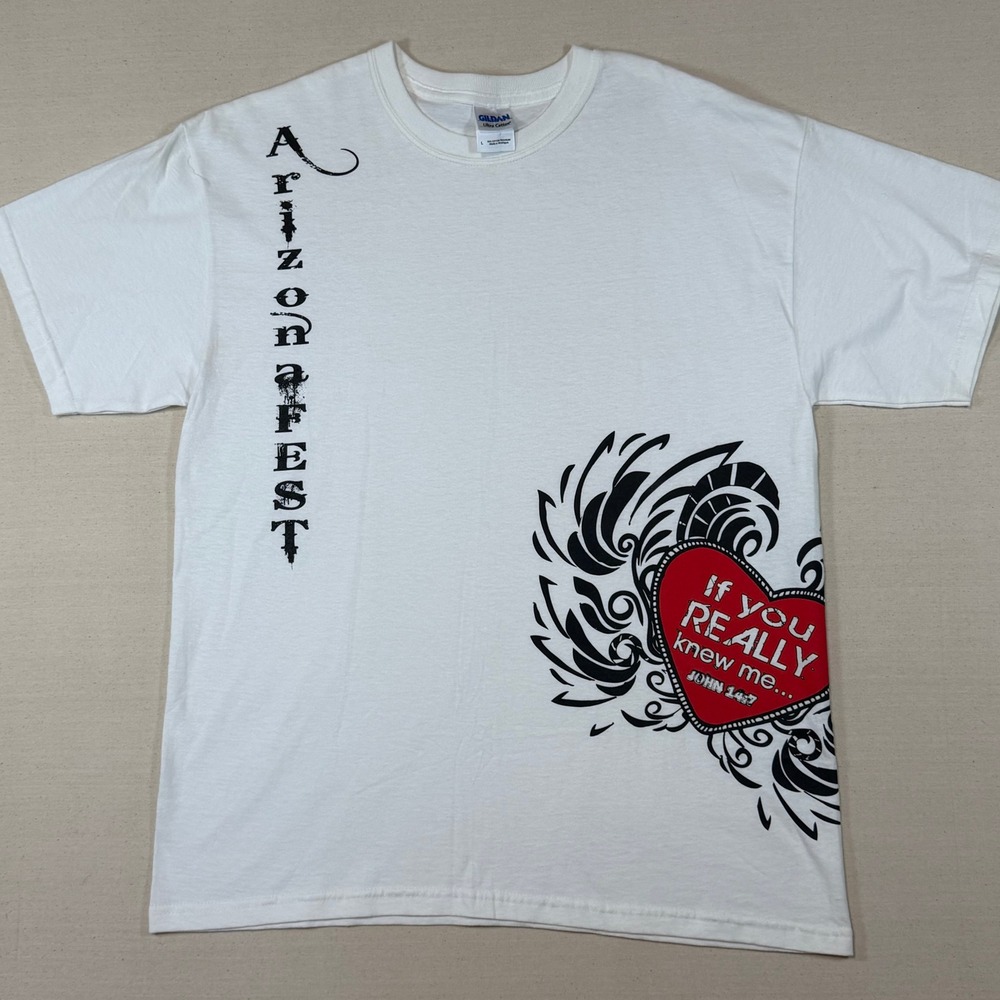 Vintage Arizona Fest Jesus T-Shirt White Large John 14:7 Heart Tribal Print y2k